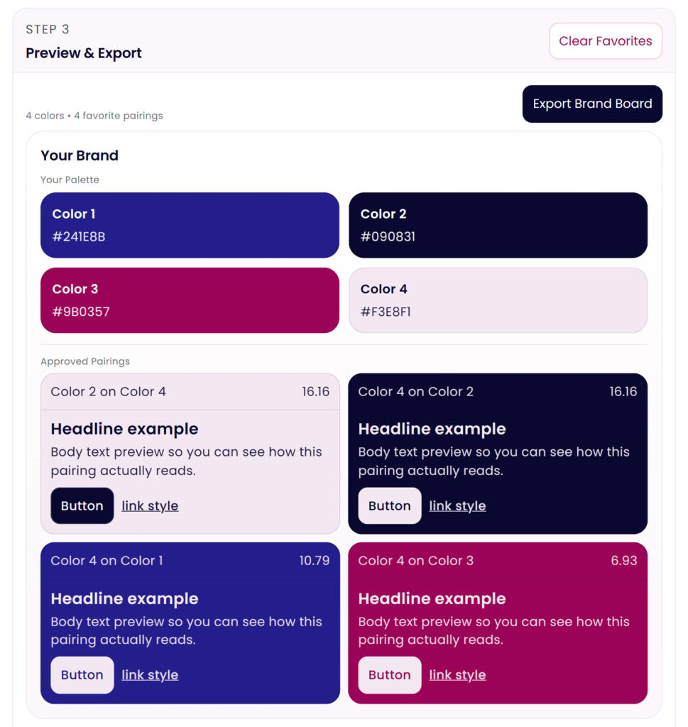Color Palette Lab brand color palette preview and export board with approved contrast pairings. An image showcasing a color palette builder interface with four color swatches and pairing options for creative projects.