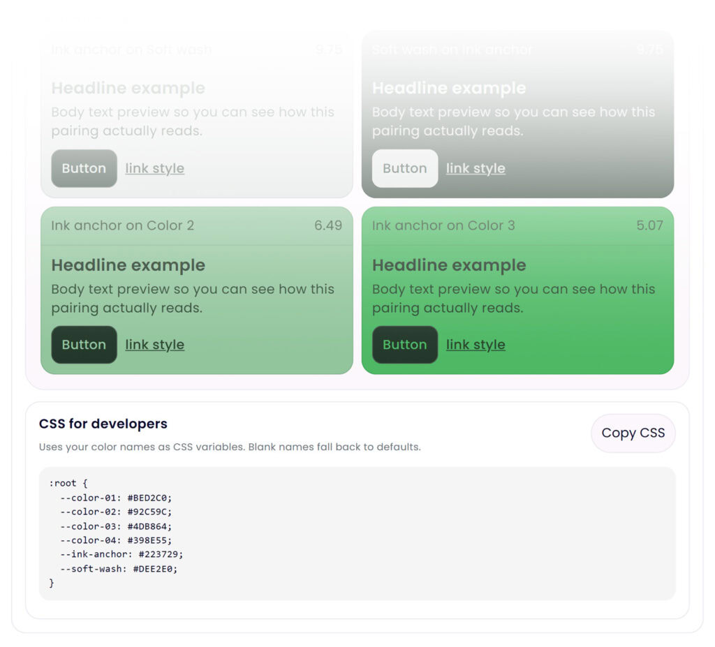 Color Palette Lab CSS export with color variables for developers using brand palette hex codes