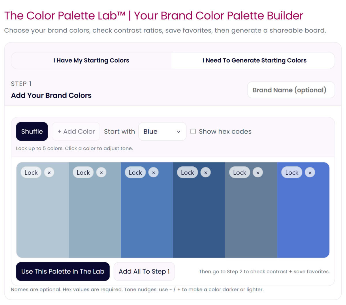 Color Palette Lab color palette generator with shuffle feature and lockable brand colors. An intuitive interface for creating custom brand color palettes, allowing users to add, lock, and shuffle colors, with options to start with specific shades or generate new starting colors.