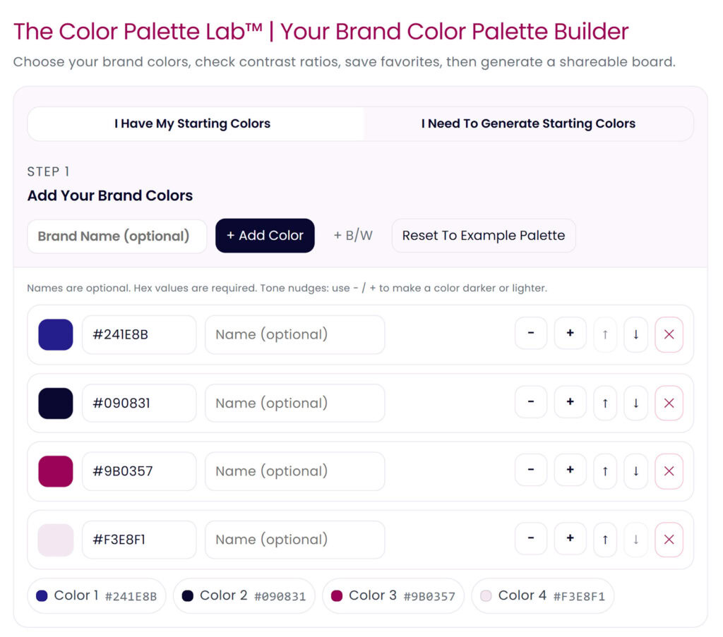 Color Palette Lab brand color palette builder with hex input and tone adjustment controls. Interactive color palette tool for artists and designers to create custom brand color schemes and explore contrast ratios easily.