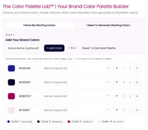 Color Palette Lab brand color palette builder with hex input and tone adjustment controls. Interactive color palette tool for artists and designers to create custom brand color schemes and explore contrast ratios easily.