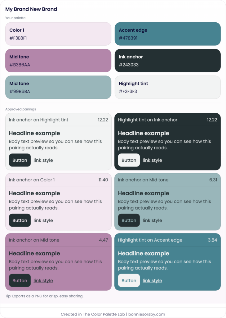 Visual example of a brand color palette with labels for colors, accents, and tones, demonstrating how to create a cohesive and effective color scheme for branding.