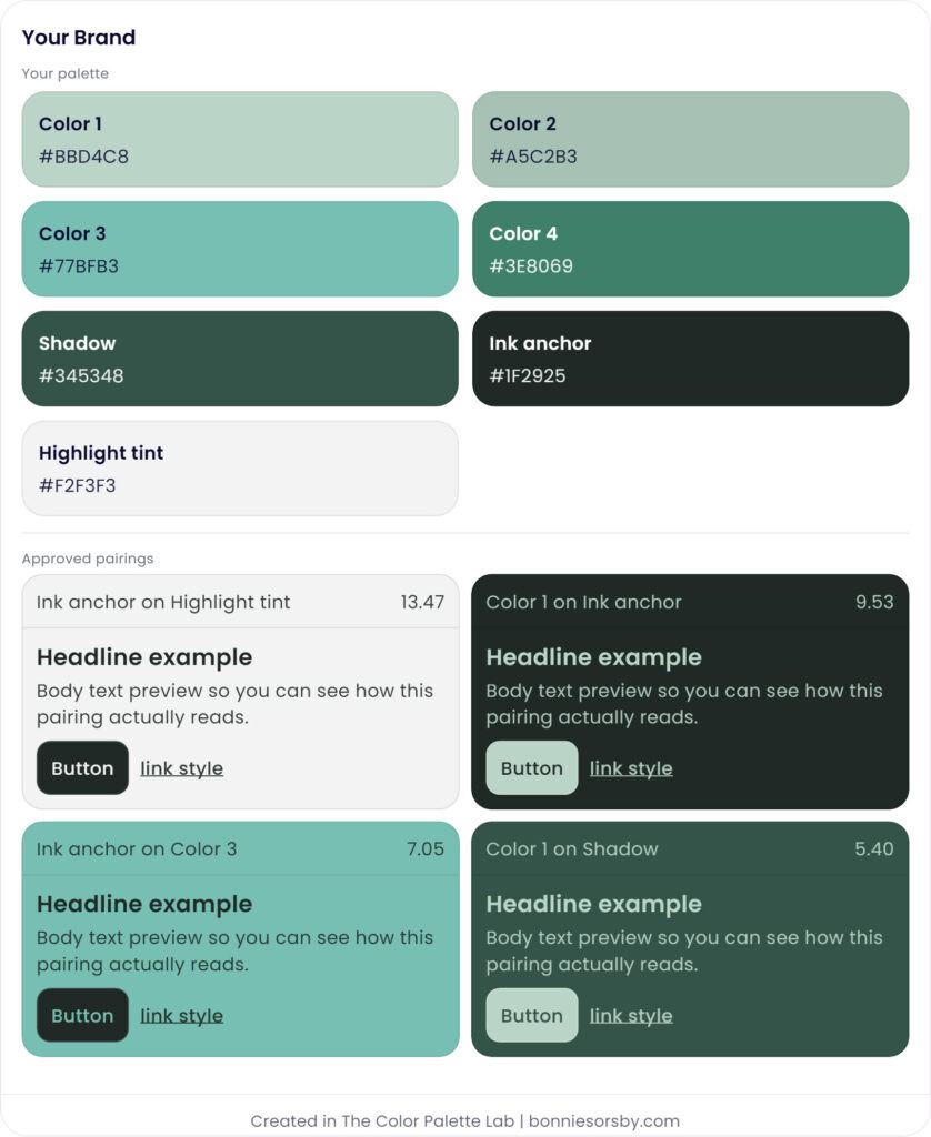 Exported brand color palette board created in Color Palette Lab with accessible text pairings A digital color palette showcasing a range of harmonious colors including shades of green, black, and white, designed for artists, designers, and photographers to inspire their creative projects.
