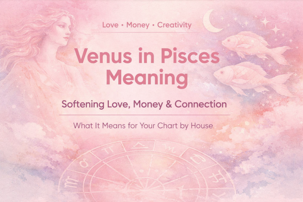 Venus in Pisces astrology blog image in pastel pink hues, featuring ethereal artwork, Pisces fish symbols, and text about love, money, and creativity.