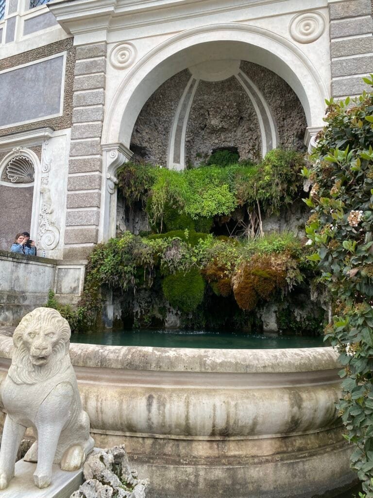 A historic Italian fountain adorned with vibrant plants and a lion sculpture in a classical setting.
