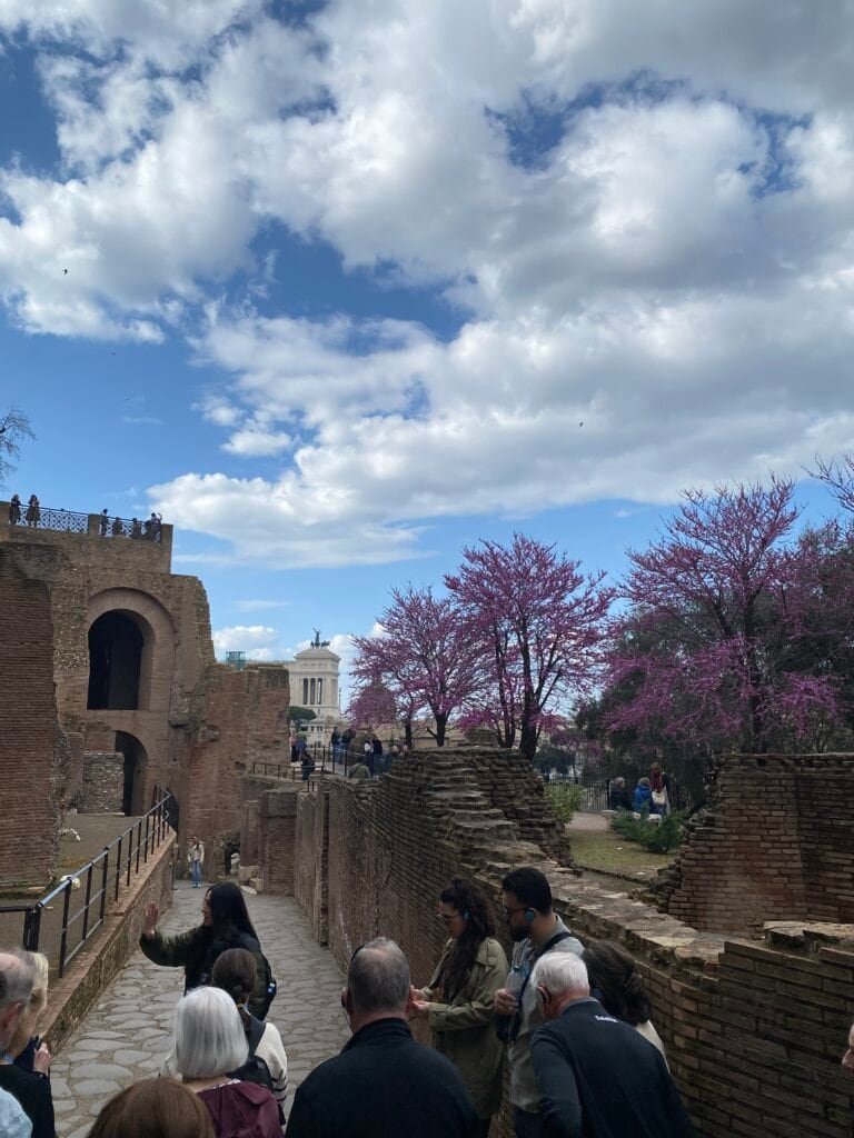 Ancient Roman ruins in Rome with tourists exploring the site and vibrant pink flowering trees under a partly cloudy sky. A blend of history and natural beauty captures the essence of Italy’s rich cult.
