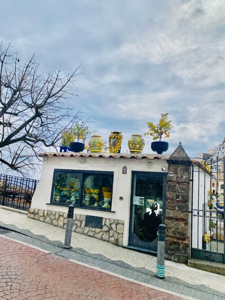 A small flower shop with colorful potted plants and vibrant flowers displayed on the roof, set against a cloudy sky in a scenic Italian town.