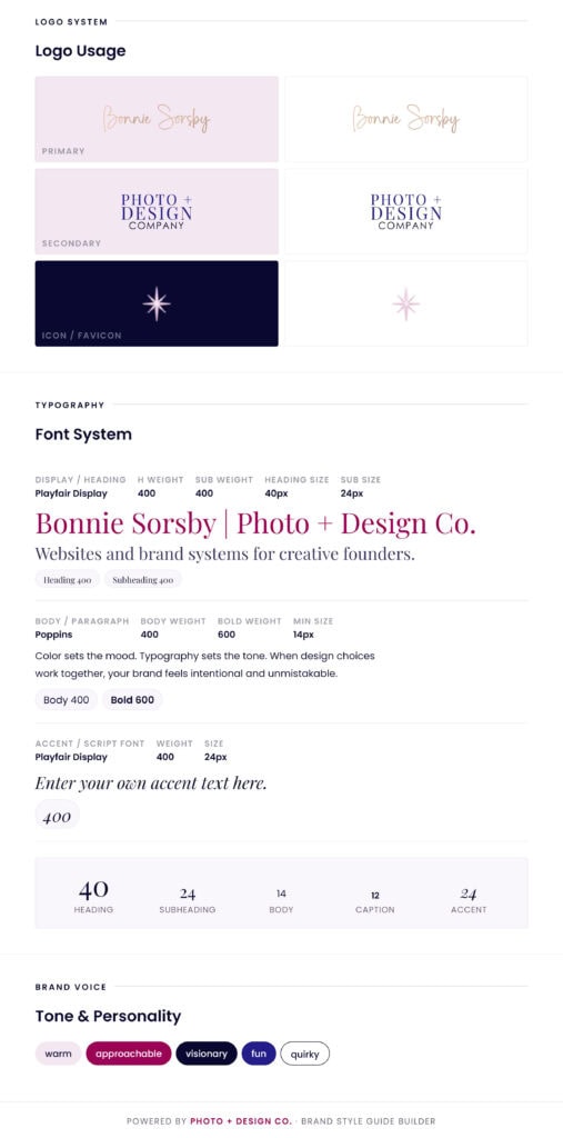 Example of a brand style guide layout for Bonnie Sorsby, showcasing logo, typography, colors, and brand voice elements.