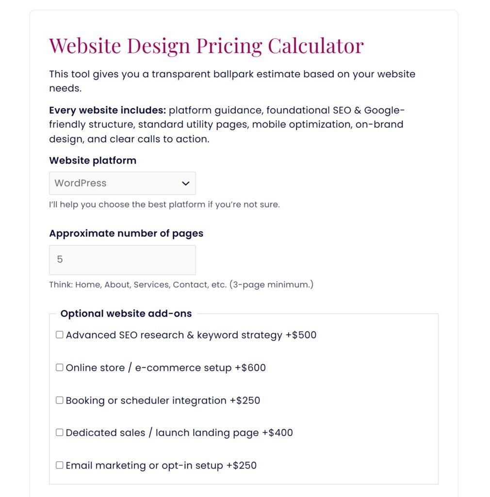 Interactive website cost calculator helping entrepreneurs estimate expenses for custom website development and design services.