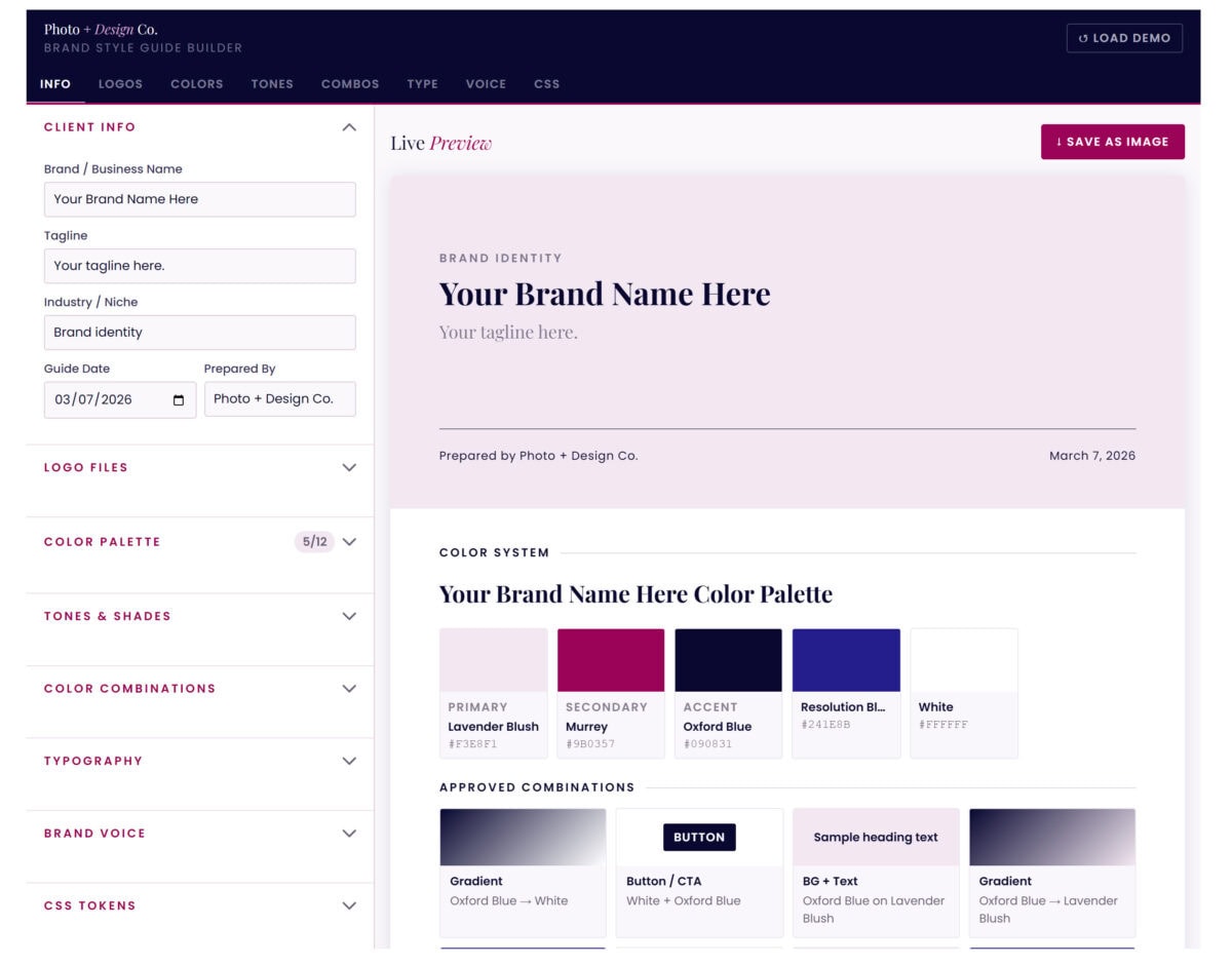 Screenshot of the Brand Style Guide Builder interface showing brand identity, color palette, and approved combinations for branding.