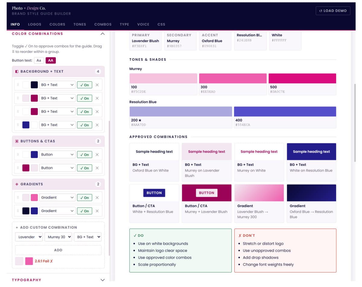 Visual overview of the Brand Style Guide Builder interface, showcasing color options, typography, and layout settings for creating a cohesive brand style.