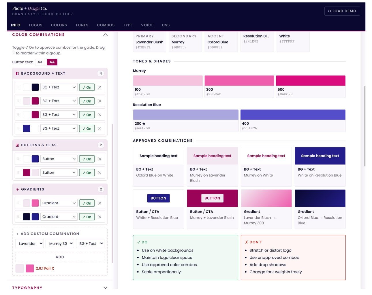 Visual overview of the Brand Style Guide Builder interface, showcasing color options, typography, and layout settings for creating a cohesive brand style.