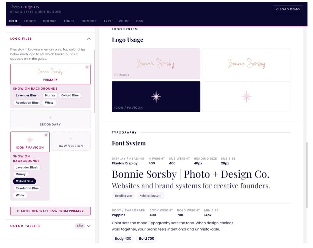 A versatile tool for creating cohesive brand identities with customizable logos, typography, and color palettes for artists, designers, and creative entrepreneurs.