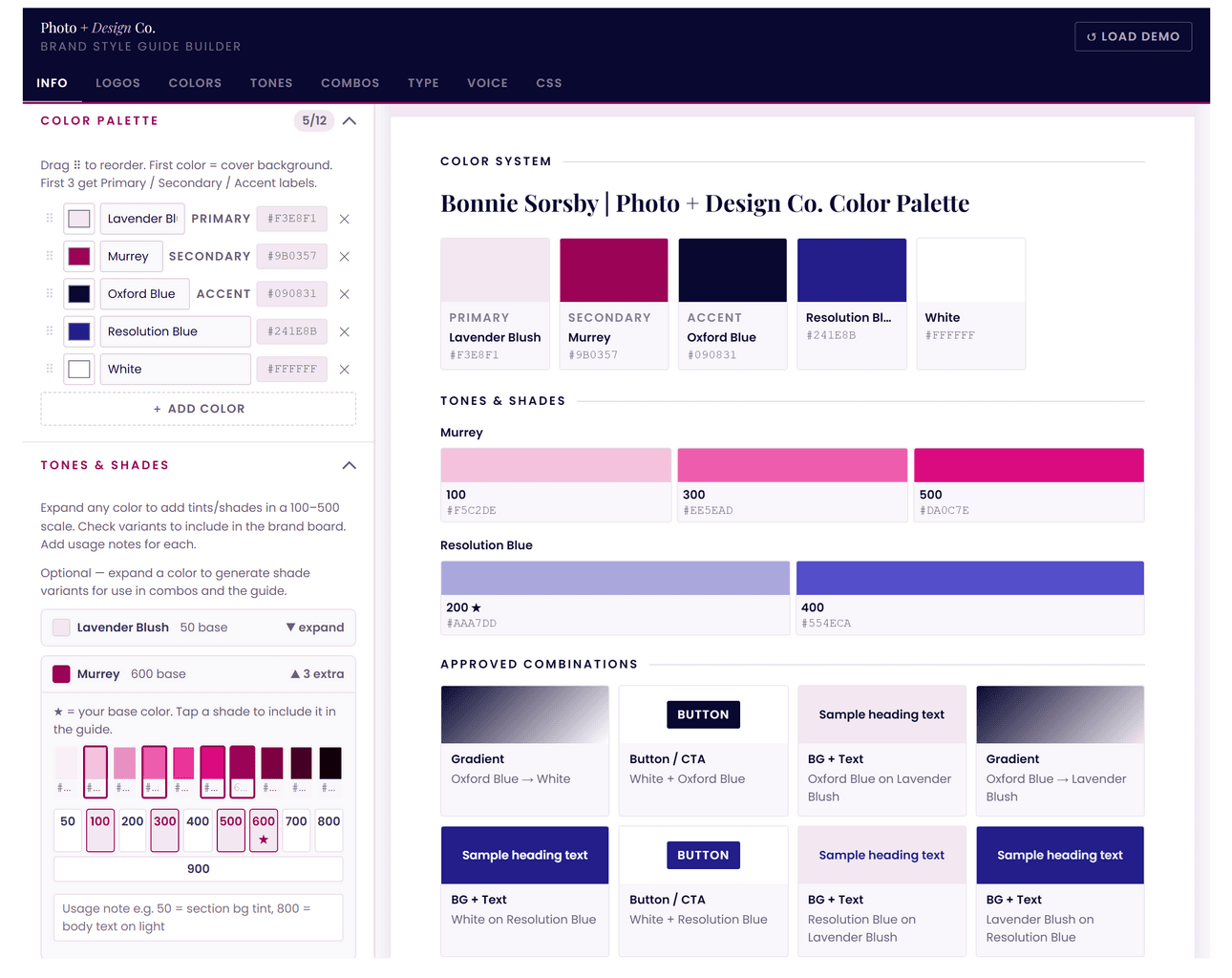 A comprehensive tool for creating personalized brand style guides with color palettes, tones, and design elements.