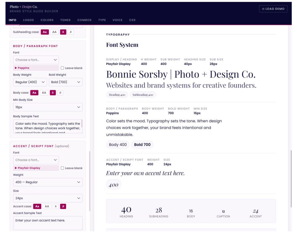 Visual example of a brand style guide builder interface showcasing typography, font choices, and design elements for branding consistency.