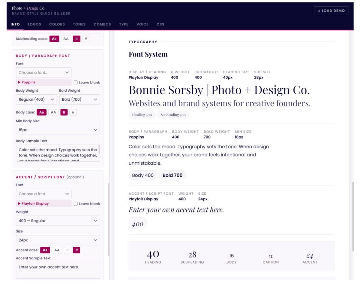 Visual example of a brand style guide builder interface showcasing typography, font choices, and design elements for branding consistency.