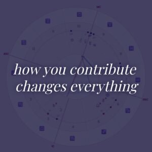 Inspirational digital artwork with zodiac symbols and the phrase "how you contribute changes everything" in elegant white font on a purple background.