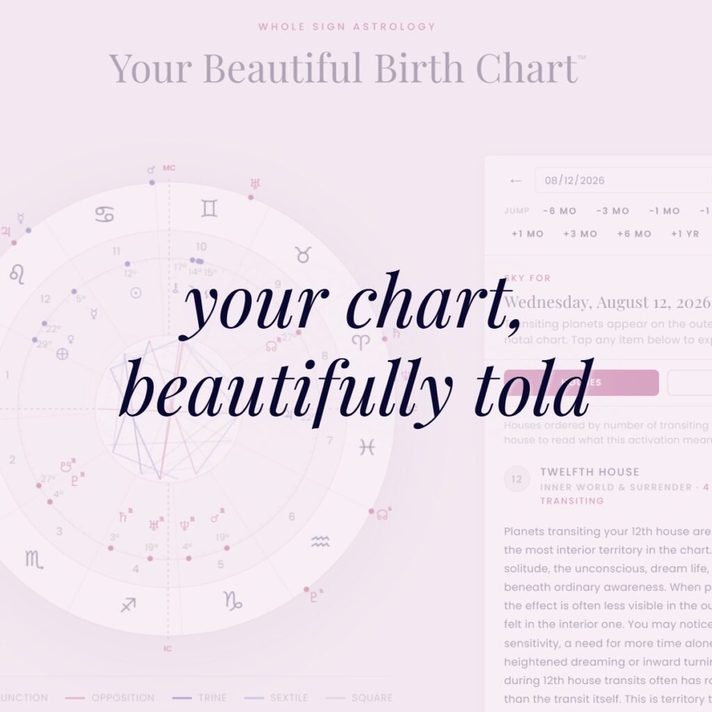 A pastel pink background with a white circular astrology chart and the text 'your chart, beautifully told' in elegant black script.