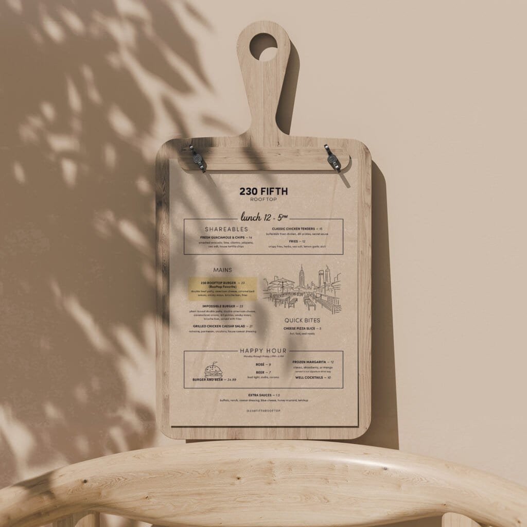 Kraft menu board mockup. 3D rendering