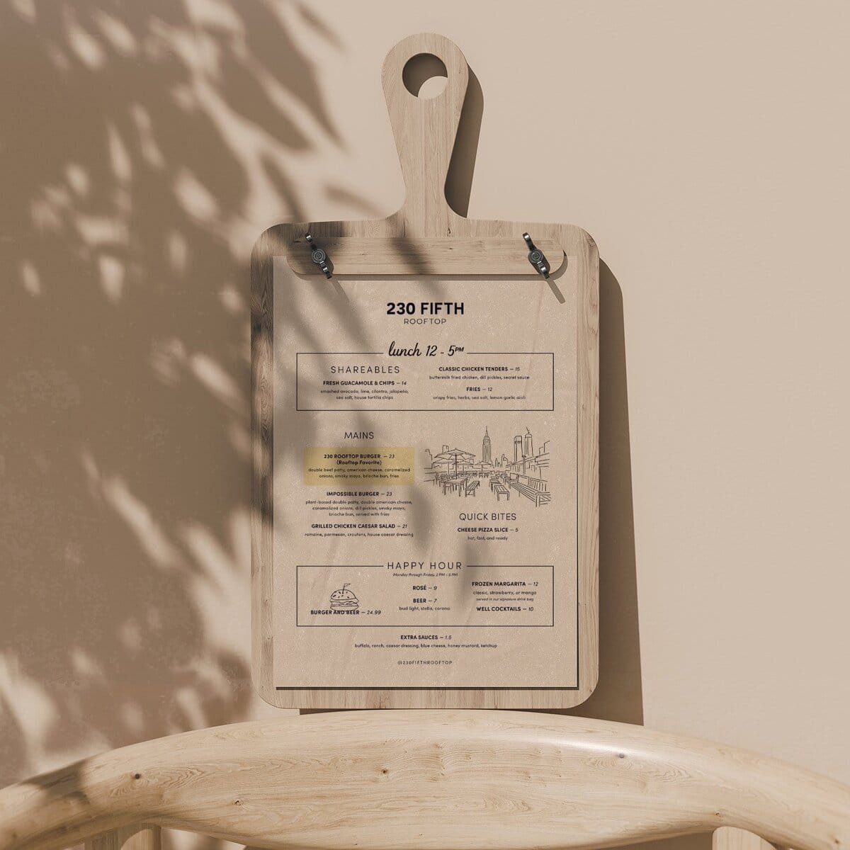 Lunch Menu Board at 230 Fifth Rooftop Lounge, NYC, with sketches of the city skyline. Minimalist restaurant menu design displayed on a wooden board, featuring clean layout, neutral tones, and modern editorial styling aligned with upscale West Palm Beach dining experiences