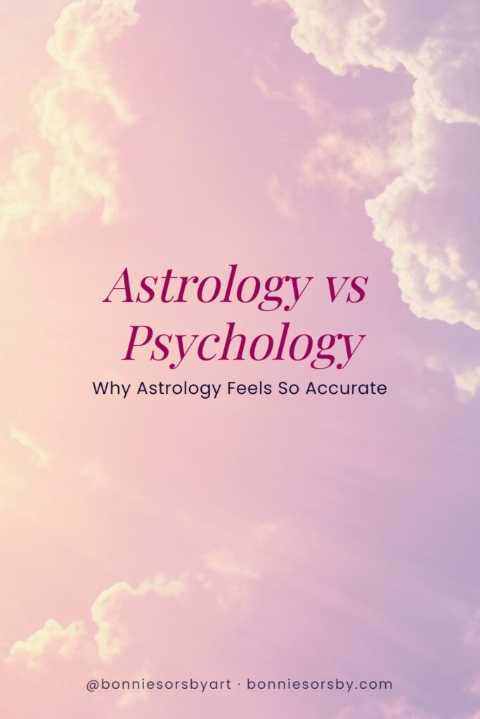 Artistic graphic comparing astrology and psychology with a pastel sky background, highlighting the differences and similarities for a creative audience.