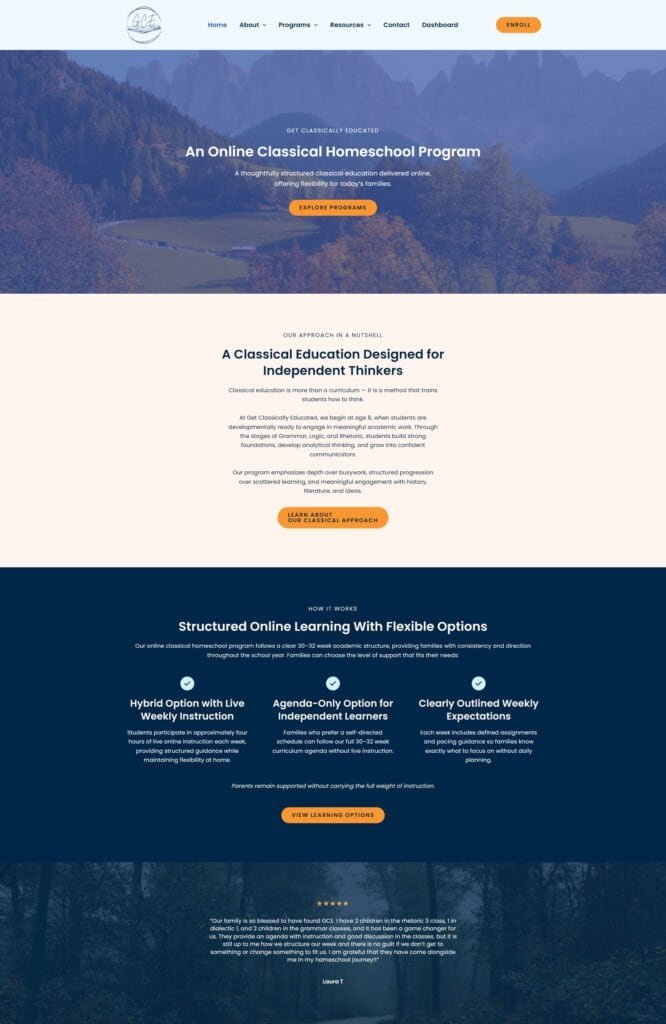 Educational website design example for a homeschool program, showing website design for schools with clear structure and navigation.