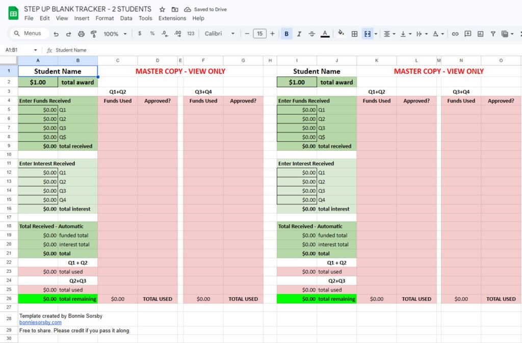 Step Up For Students free scholarship tracker spreadsheet showing quarterly funds, reimbursements, and totals