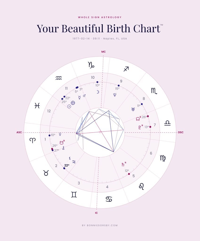 Astrological birth chart with zodiac signs and planetary positions.