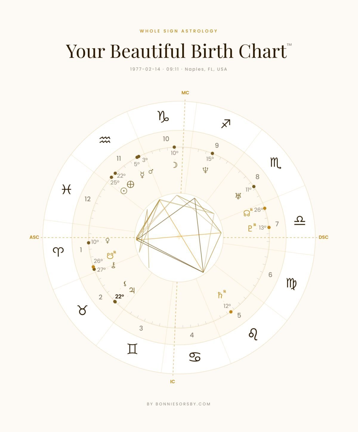 Astrological birth chart with zodiac symbols and planetary positions.