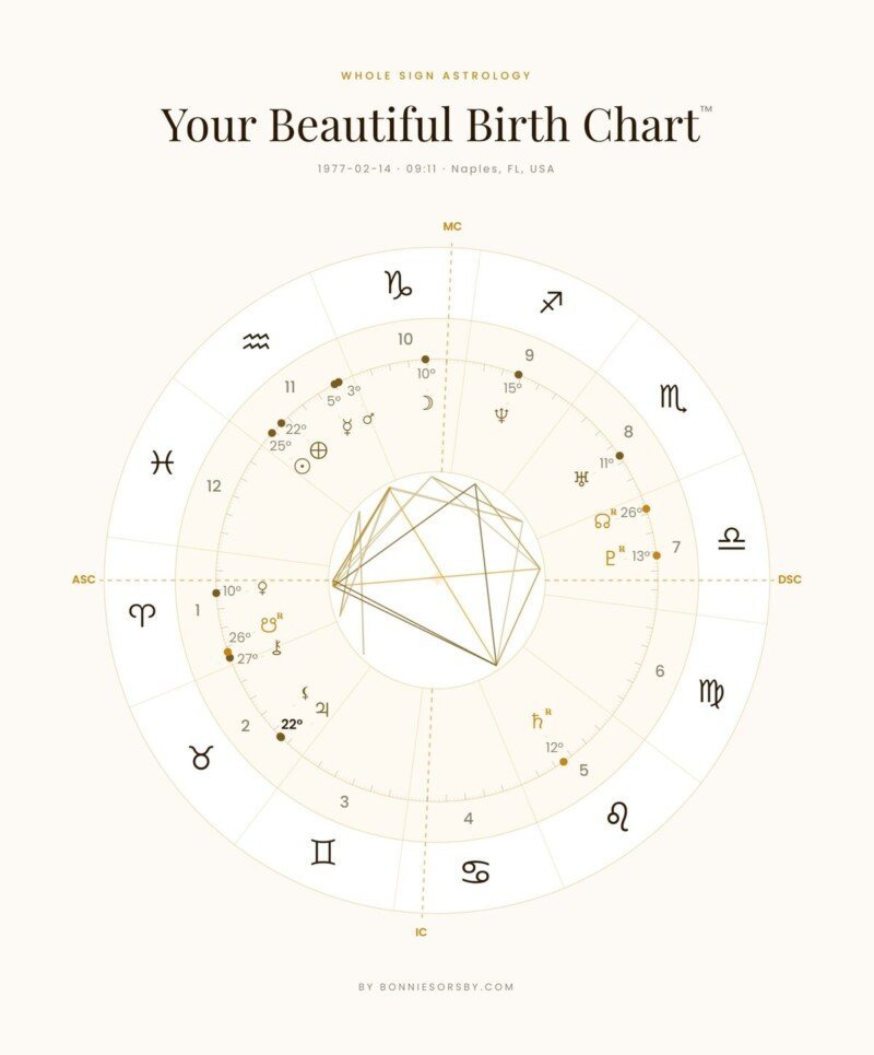 Astrological birth chart with zodiac symbols and planetary positions.