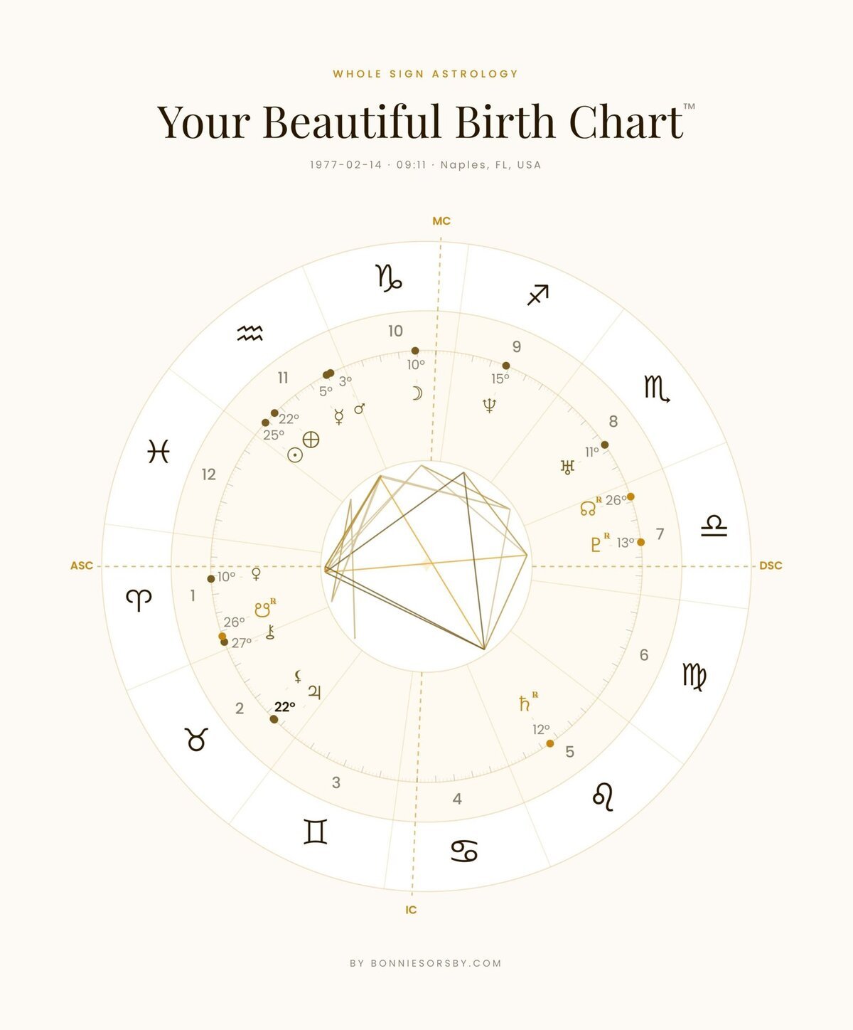 Astrological birth chart with zodiac symbols and planetary positions.