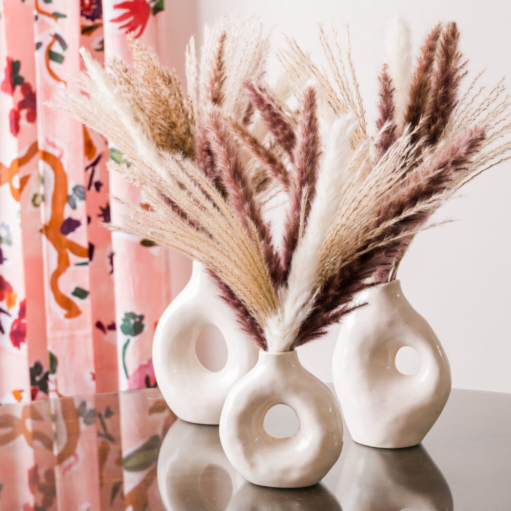 3 ceramic organic vases with pampas grass lifestyle and editorial photography in palm beach