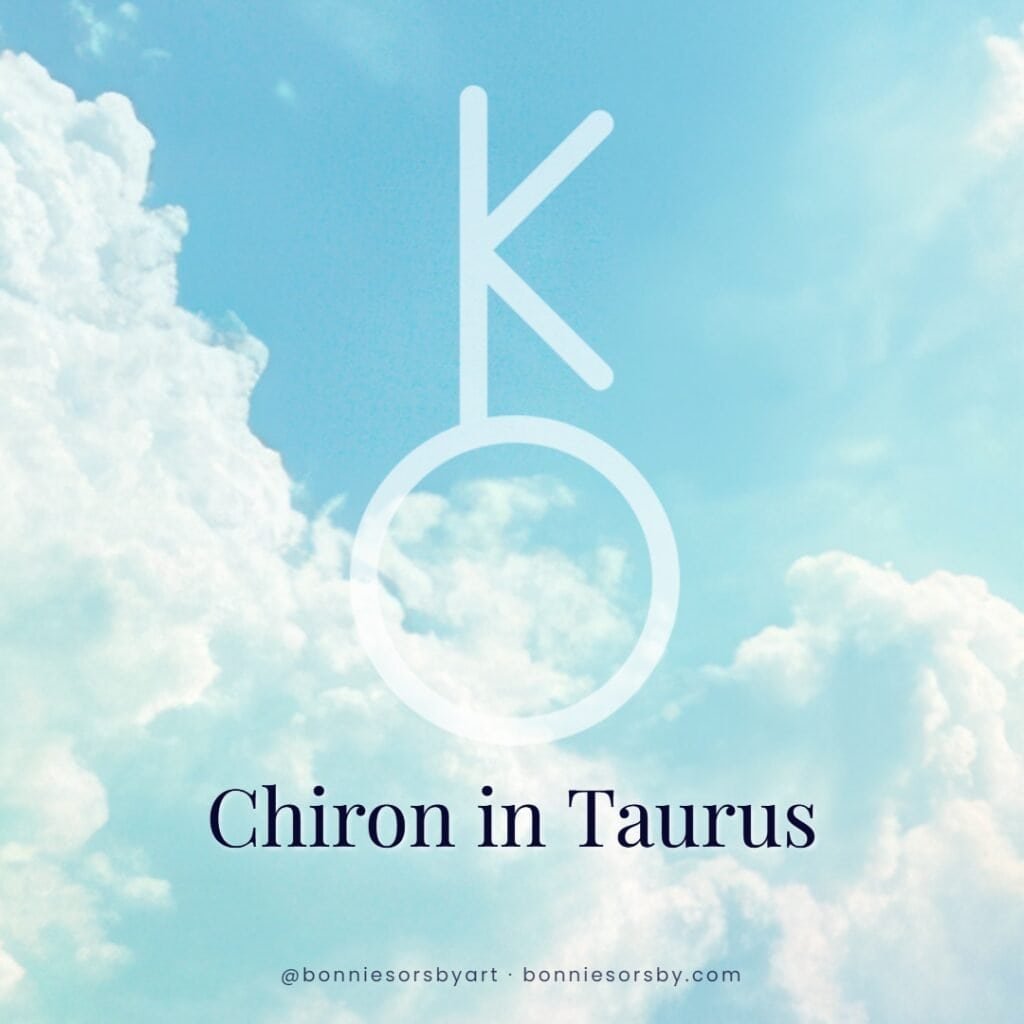Sky with clouds and a minimalist Chiron in Taurus symbol overlay, representing astrology insights.
