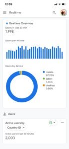 Graph and pie chart showing user activity and device distribution in real-time analytics dashboard of the viral astrology color palettes.