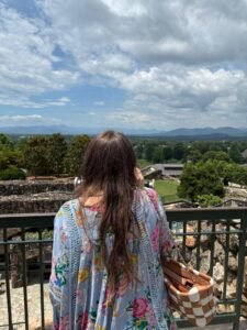 Woman with long hair overlooking lush green landscape and mountains in Asheville, North Carolina.