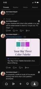 threads post showing the creator of the big 3 color palette generator sharing access to the free birth chart colors of personal big three astrology colors.