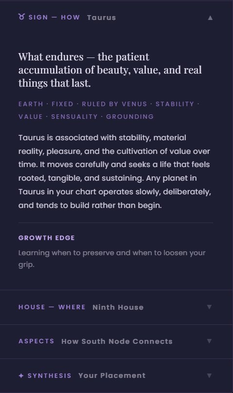 south-node-in-taurus South Node in Taurus example in Your Beautiful Birth Chart showing the Taurus sign meaning, growth edge, ninth house placement, aspects, and synthesis sections for karmic astrology interpretation.