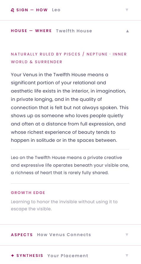 venus-in-the-12th-house-meaning Your Beautiful Birth Chart house detail panel showing Venus in the 12th House in Leo with placement interpretation, growth edge, and How Venus Connects aspects section