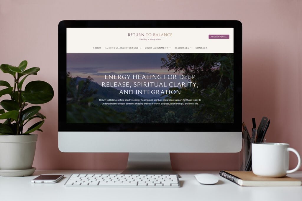 Computer screen displaying Return to Balance website with a nature background and energy healing message.