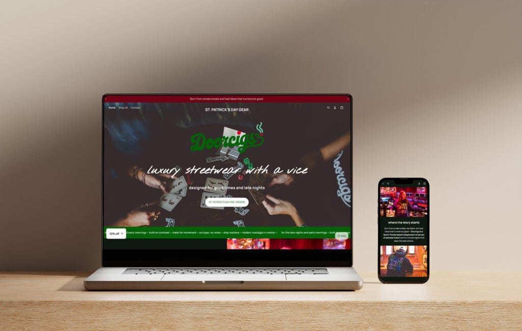 Responsive Web Design and website Mockup, Devices Mock up, Smart Shopify website design for Doorcigs, a streetwear brand, shown on a laptop and phone with product photography on the homepage