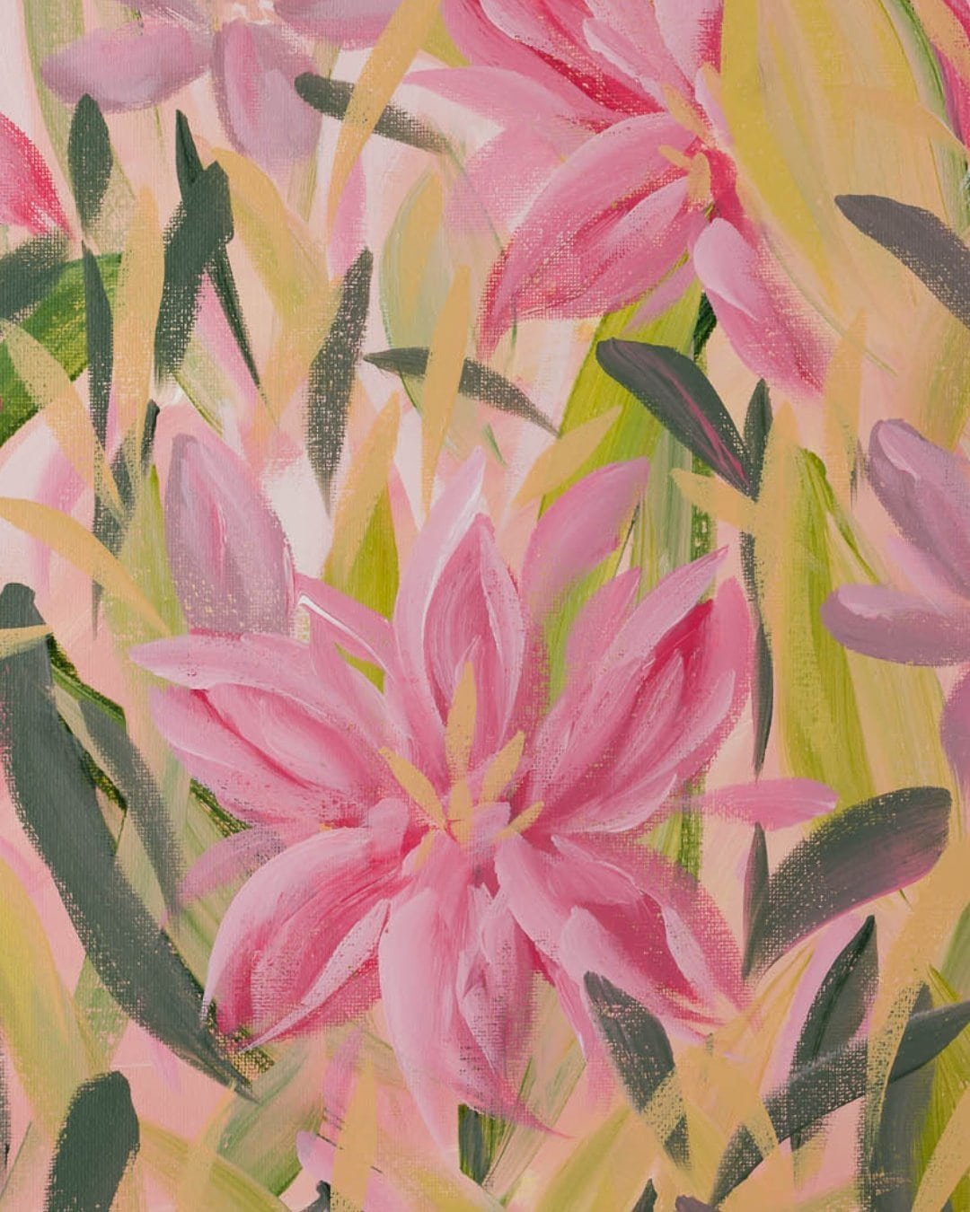 Vibrant pink flowers with green leaves in an abstract floral painting style.