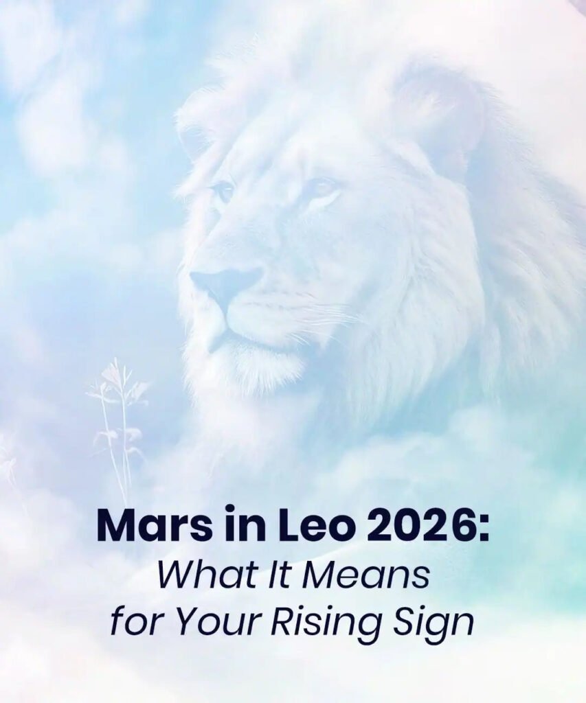 A majestic lion's face blended with a dreamy sky background, symbolizing Mars in Leo 2026 and its influence on astrology and personal growth.