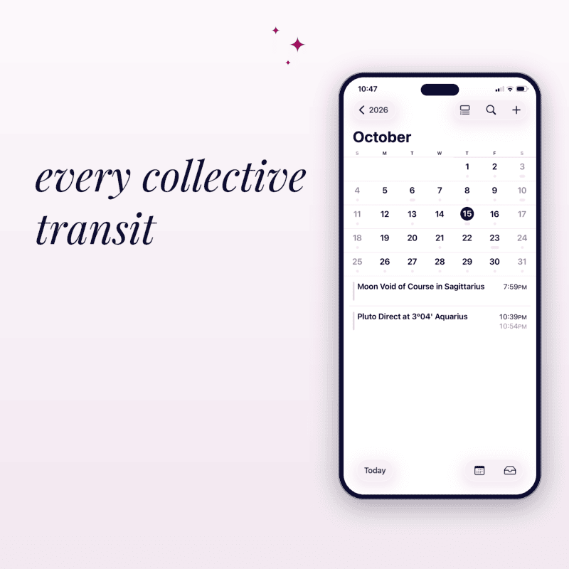 Mobile calendar app displaying October with astrology events and planetary positions.