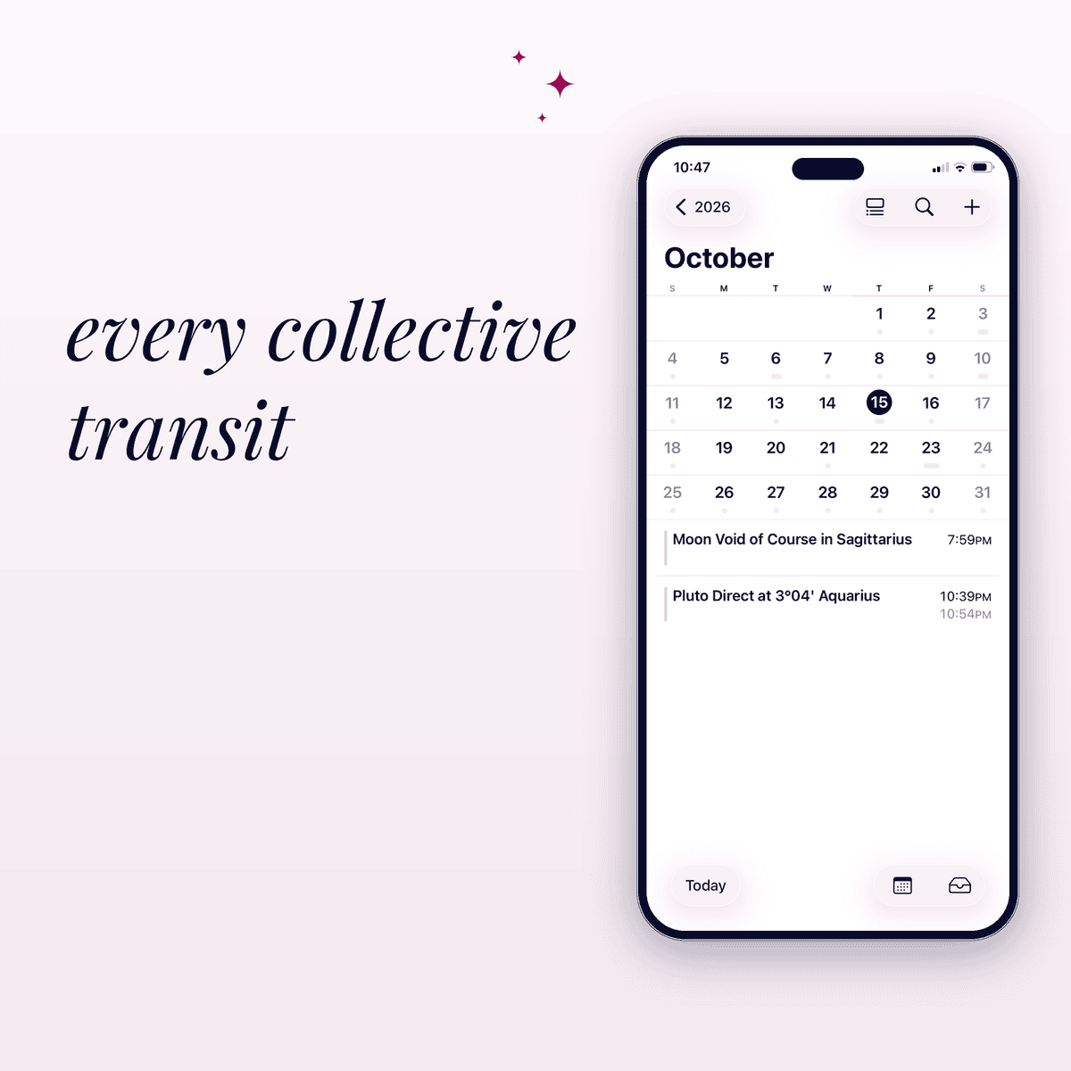 Mobile calendar app displaying October with astrology events and planetary positions.