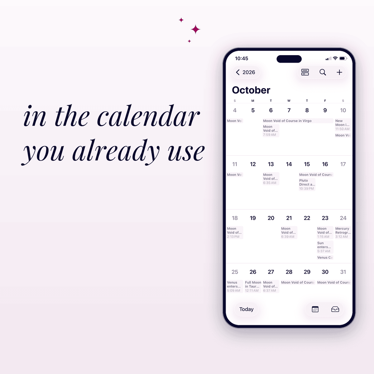 Mobile phone displaying October calendar with moon phases and events.