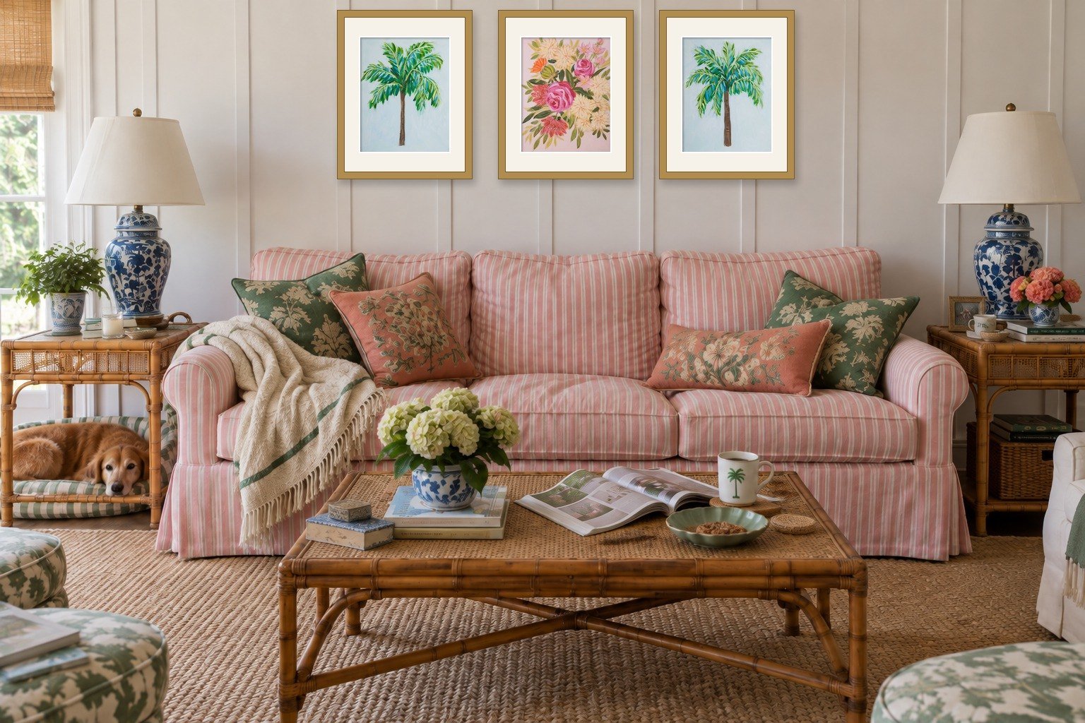Art over a couch: 3 framed 11x14 originals by Bonnie Sorsby, 2 palm paintings and a pink floral, hung in a row above a pink ticking stripe sofa in a Palm Beach living room