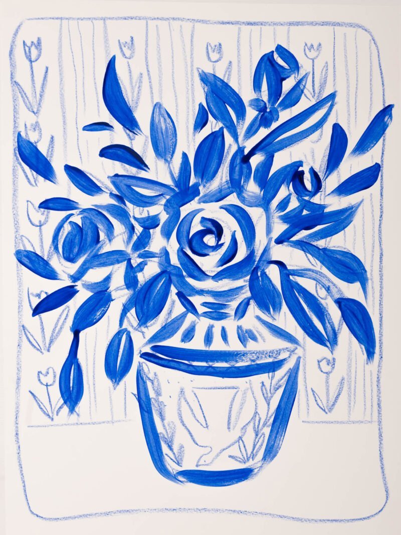Blue and white painting of roses in a patterned pot against tulip wallpaper, acrylic and pastel on paper by Bonnie Sorsby