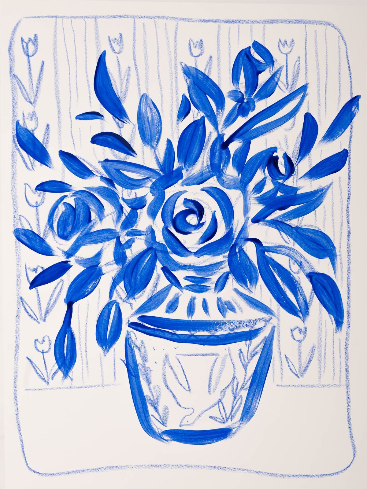 Blue and white painting of roses in a patterned pot against tulip wallpaper, acrylic and pastel on paper by Bonnie Sorsby