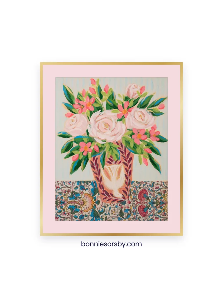 Original floral painting mocked up in a gold frame using the Try a Frame tool