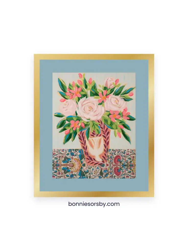 Original floral painting mocked up in a gold frame with a blue mat using the Try a Frame tool